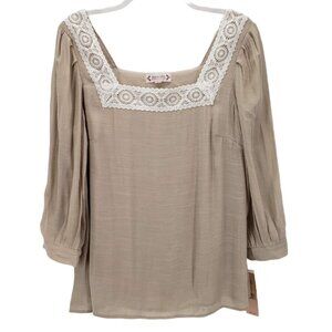NANETTE LEPORE nwt Square Neck Crocheted Lace Top M Tan Light Stone Neutral Tone